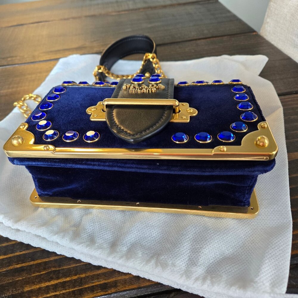 Prada Cahier Navy Blue Velvet City Calf Saffiano Leather Crystal Handbag Bag - Picture 5 of 12
